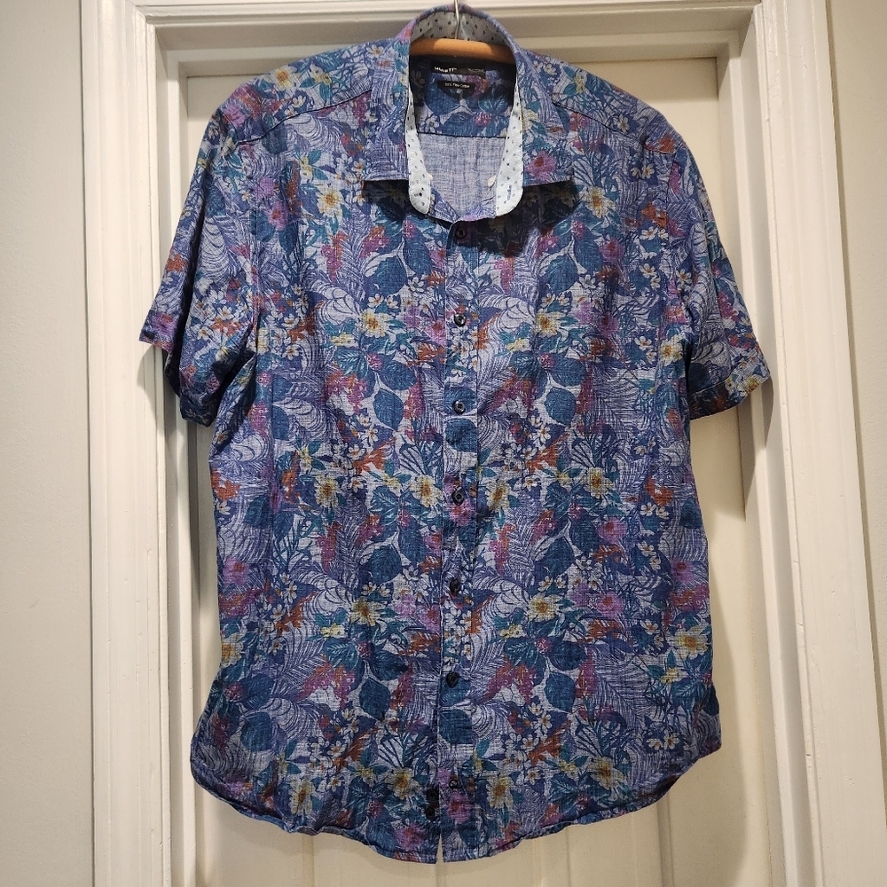 Men’s Quieti Short Sleeve Floral Button Down Shirt Size XXL Blue Hawaiian